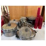 Tote of Misc Kitchen Pots and Pans