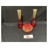 Vintage Amberina swan dresser jar and 2 vases