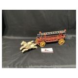 Antique cast iron horse drawn fire wagon toy