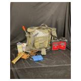 Black powder items, brass powder flask, balls