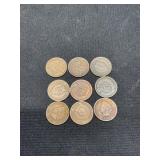 9 Indian Head Penny 1900-1908 Date Set