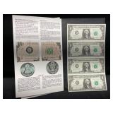 Uncut Sheet of 4 1985 $1  Bills