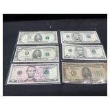 Group of 6 $5 Notes