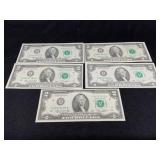 Five 1976 $2  Bills
