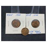 Three Lincoln Pennies 1938, 1938D,1939