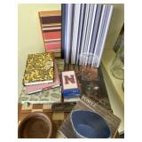 Journals, wooden bowl, misc