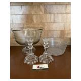 Glass Candlesticks and serving bowls