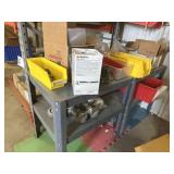 Metal stands and parts bins with hardware