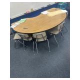 Adjustable kidney shaped table and six chairs