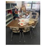 Kidney shaped desk, six chairs 72 x 35 contents