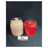 Vintage Crock Jug and Metal Pail with Lid