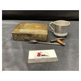Heavy vanity tray, metal cup and misc
