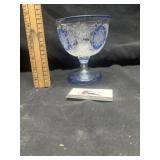Blue etched glass compote