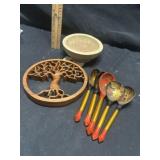Wooden bowl and spoons