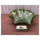 Imperial Glass Open Rose Green Carnival Glass Dish