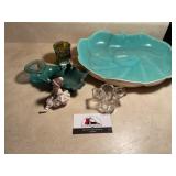 Ceramic dish, iridescent glass and decor