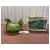Indiana Glass Olive Hen on A Nest With Box