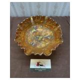 Wild Rose marigold carnival glass footed bowl