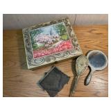Vanity set, vintage purse, metal box