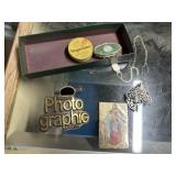 Belt buckle, necklace, misc