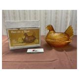 Indiana Glass Golden Amber Hen on a Nest with Box