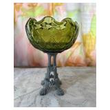 Unique Green Glass Dish With Metal Legs