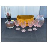 Pink depression glass and oil lamp