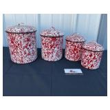 Red splatter enamel canisters