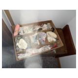 Wooden box full of sewing misc