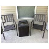 Metal chairs, deck box, cushions