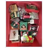 Tote of Christmas ornaments. Some hallmarks.