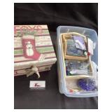 Box of crafts & tote of decorative rocks/glass
