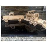 Wooden hand carved truck trailer and skid loader