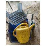 Tote of watering cans and miscellaneous