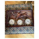Wooden pheasant clock, barometer, thermometer