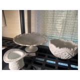 Milk glass top hat, footed server, and bowl