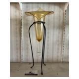 Amber hand blown vase in metal stand