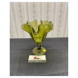 Avocado Green Glass Pedestal Compote Bowl