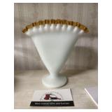 Milk glass with amber ruffle edge vase