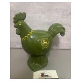 John Deere ceramic rooster coin bank featuring a