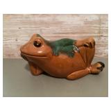 Redware  brown and green drip frog coin bank