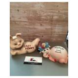 Vintage chalkware 'Lazy Money' piggy bank and