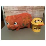Plastic Tomy Pac Man & velvet pig coin banks