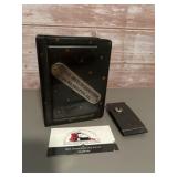 Vintage metal coin bank featuring