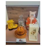 Assorted banks and jar with plastic toothpick