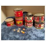 Coffee cans, zinc lids and bottle tops
