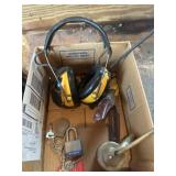 Headphones, pad lock, misc