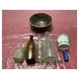 Vintage Glass Bottles and Stoneware Bowl