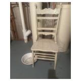 Wooden chair and enamel bowl