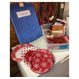 Clear tote with lid Christmas plates, and